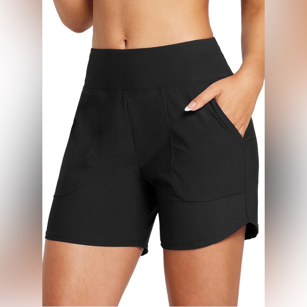 Baleaf Black High Waisted Swim Board Shorts 5" Inseam Large